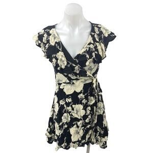 Free People Black White Floral Print V-Neck Ruffle Sleeve Mini Wrap Dress Size S